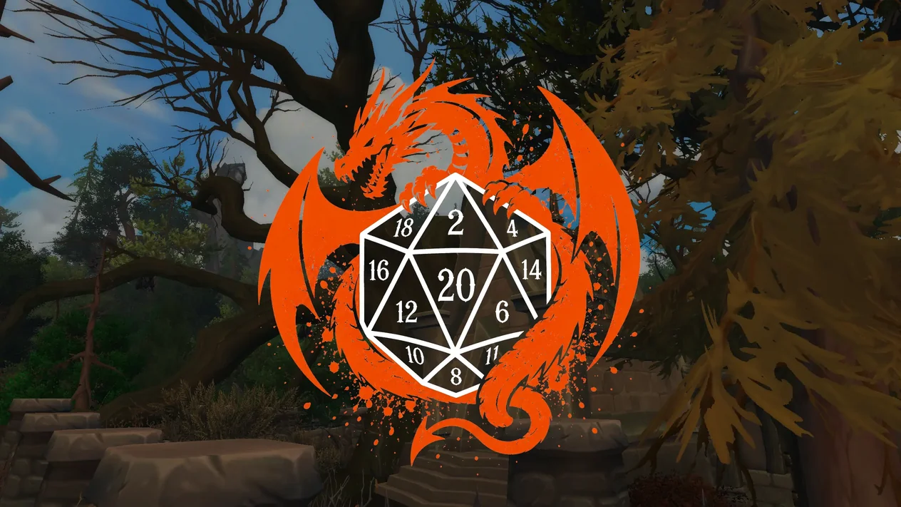 Drak a kostka d20 nad scenérií z WoW - RolePlay server s pravidly D&D 5E